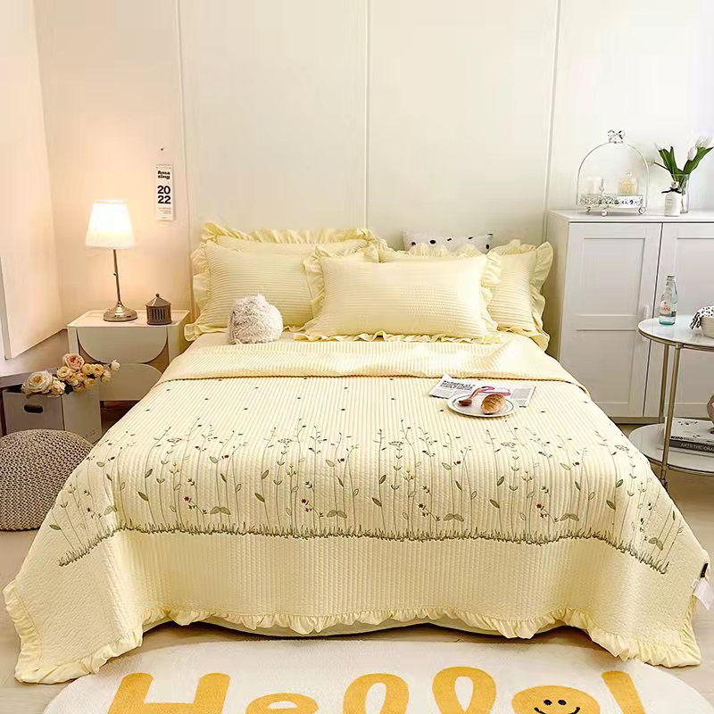 Bộ Chan Ga Cotton Solid cao cấp chăn trần hè 3 lớp, sét 4 món họa tiết thêu hoa siêu xinh và bền