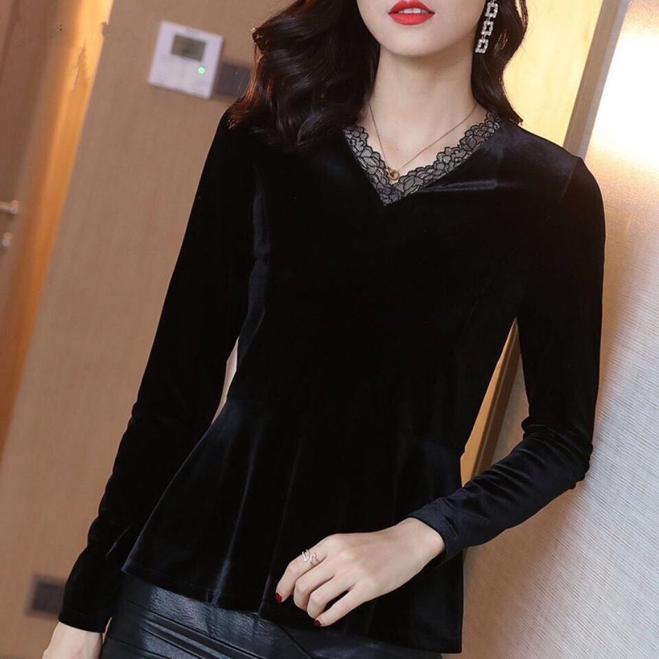 Áo Sơ Mi Nhung Cổ V Tay Dài Phối Ren Thanh Lịch Thời Trang Cho Nữ Size M-4XL