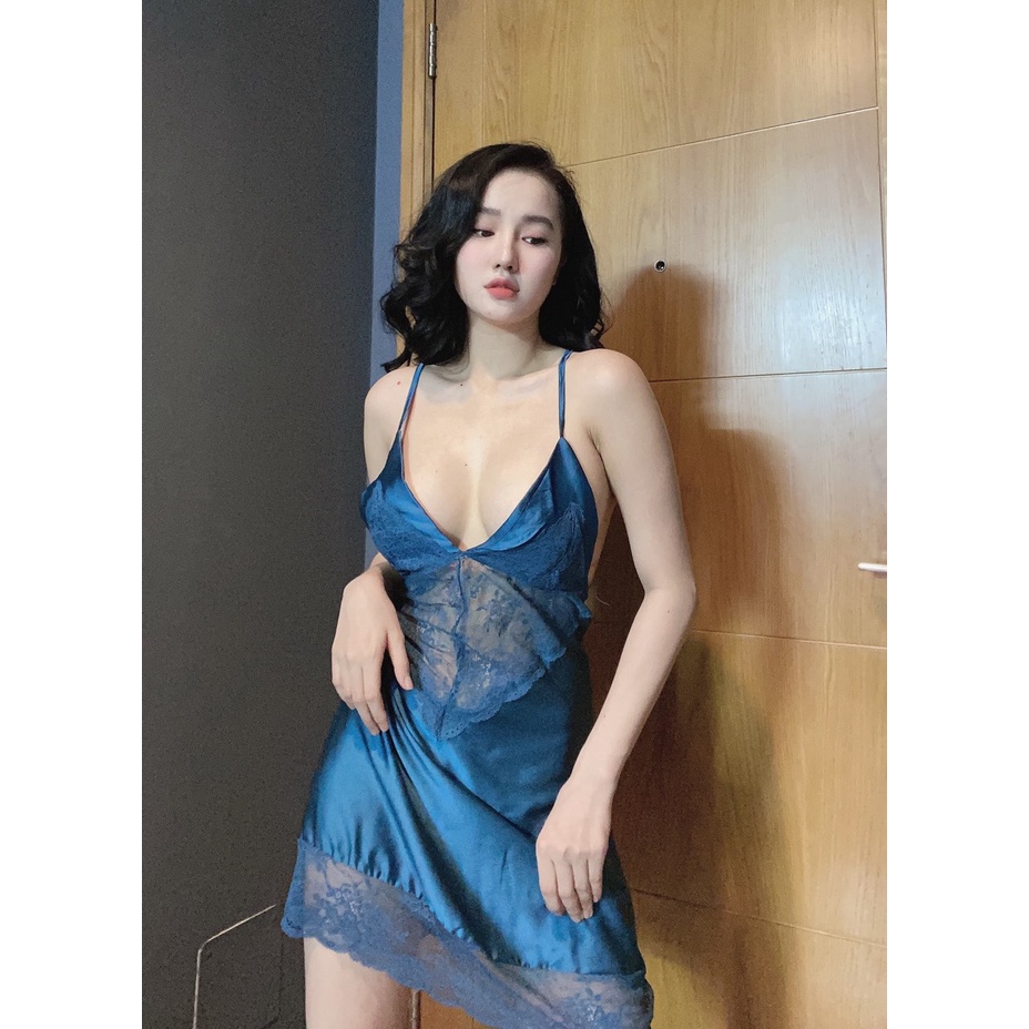 Đầm ngủ 2 dây sexy phối ren, lụa satin cao cấp mềm mại, kèm quần đùi cute, freesize dưới 65kg- SHOP HUYỀN TRANG