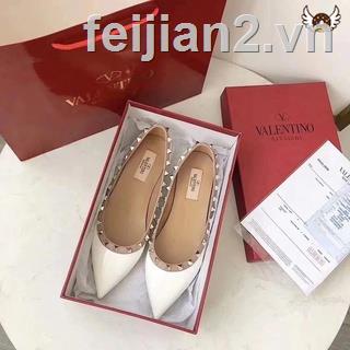 ✓✲❡ Giày Búp Bê Da Bóng Mũi Nhọn Đính Đinh Tán