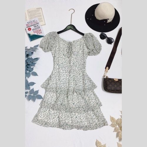 Váy hoa nhí tiểu thư xòe 2 tầng họa tiết đầm body tay phồng thiết kế trẻ trung, thời trang độc đáo Lokishop | BigBuy360 - bigbuy360.vn
