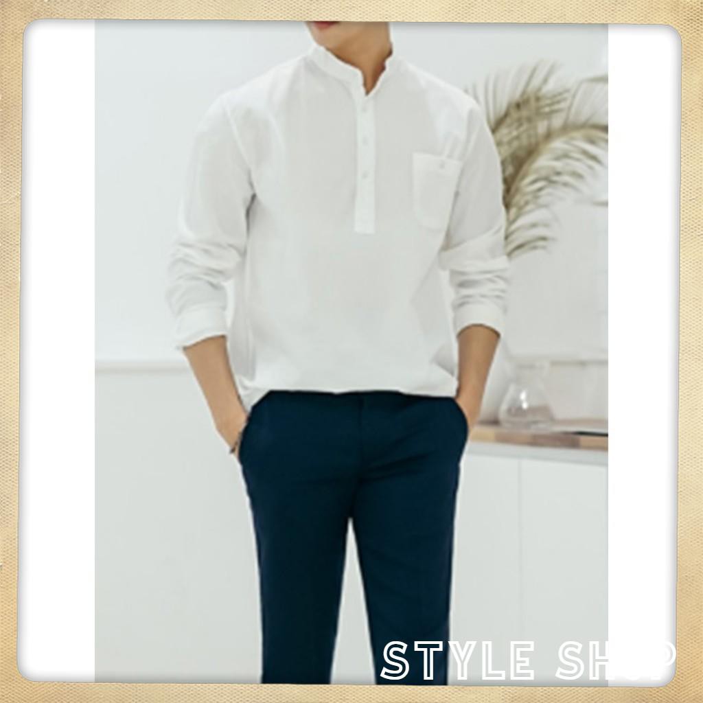 Áo sơ mi nam trắng dài tay cổ tàu siêu sale