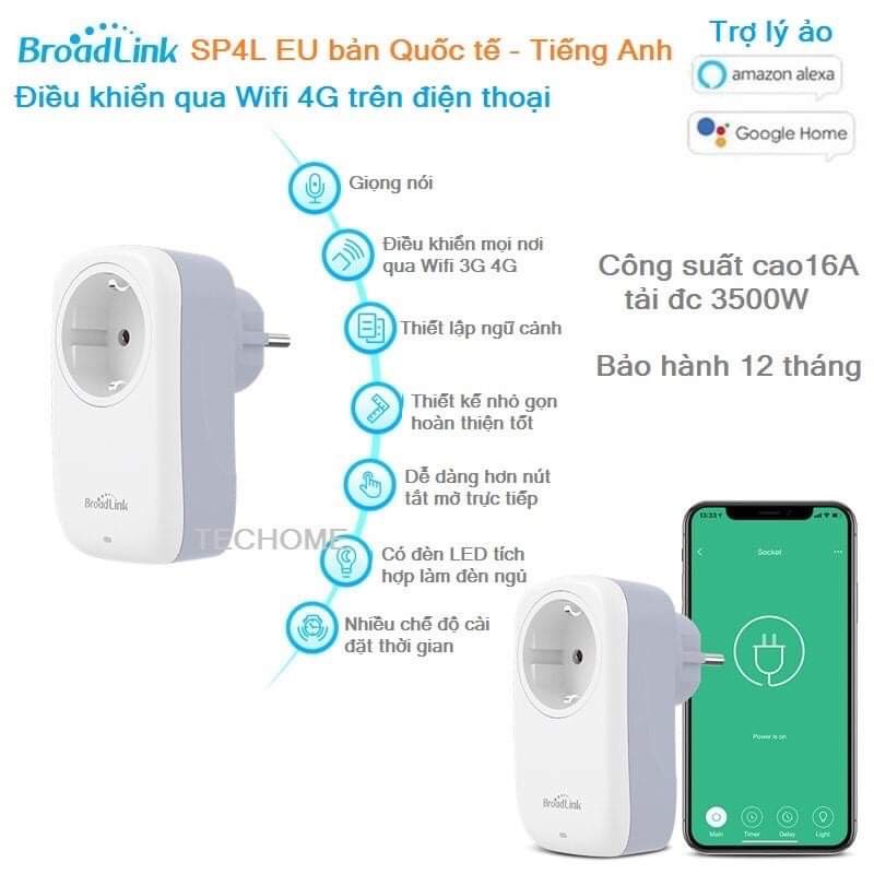 Ổ cắm thông minh WiFI Broadlink SP4L EU công suất 16A tải nên tới 3500W (BH 12T)