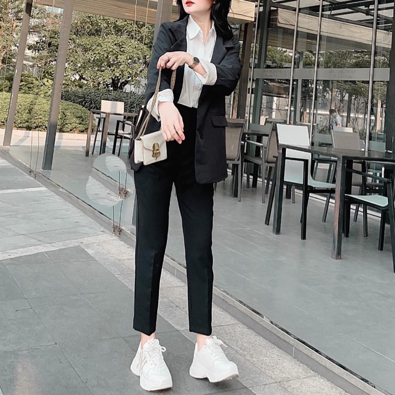 Quần tây đen nữ dáng dài đi học lưng cao màu xanh đen ống đứng Quần vải nữ công sở cạp cao học sinh nữ cấp 3 2 mặc làm