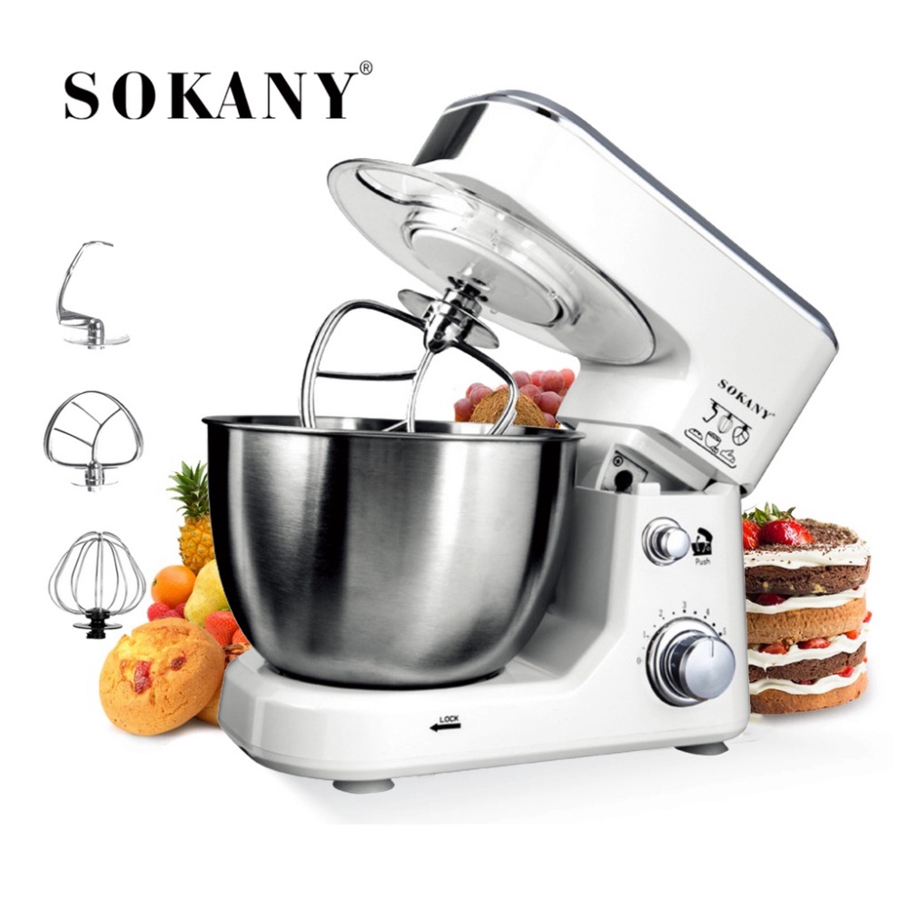 Máy nhồi bột đánh trứng trộn bột làm bánh nhà bếp 4 lít SOKANY SC-209 với 6  cấp độ xoay, tô trộn Inox - Máy làm mì sợi
