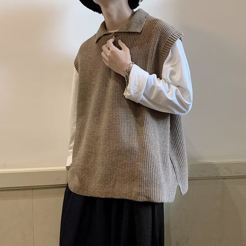 Áo sweater Dệt Kim Không Tay Dáng Rộng Màu Sắc Đơn Giản Cho Nam Giới