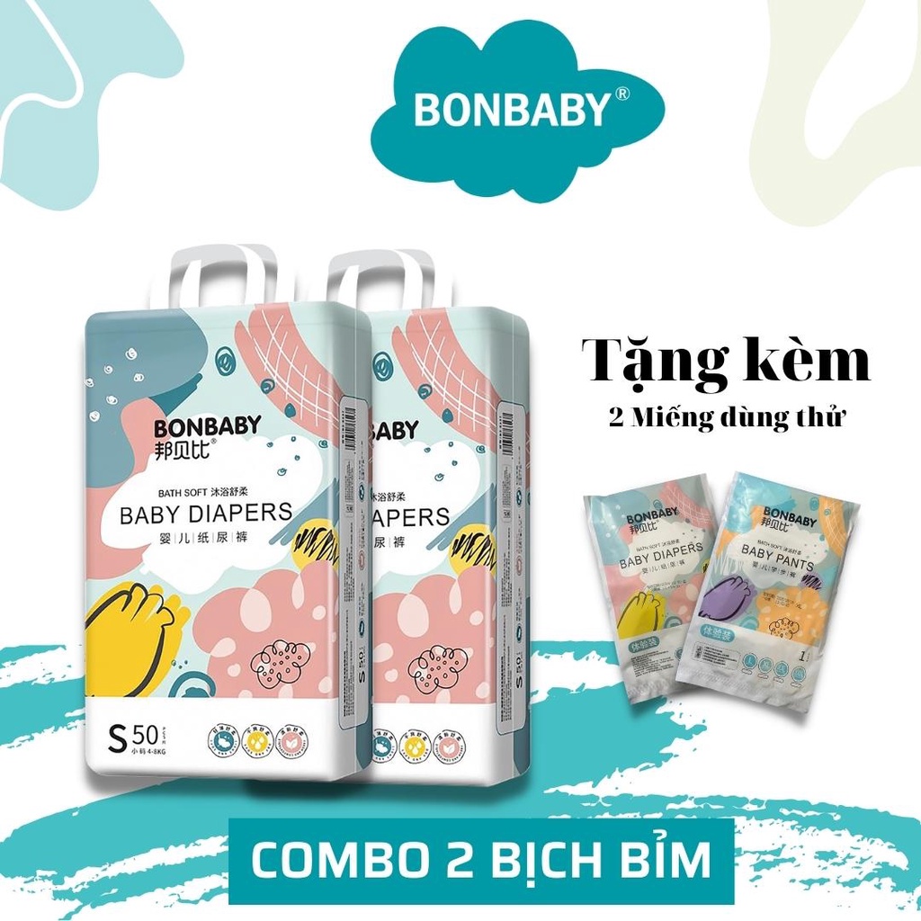 Tã dán Tã quần Bonbaby siêu mềm mỏng thấm hút chống tràn hiệu quả S50 M48 L48 XL42 XXL38 XXXL36 - Combo 2 bịch