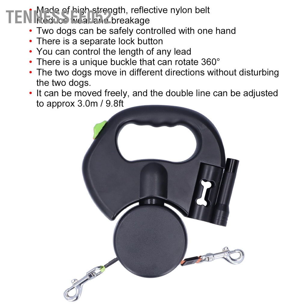 Tennessee052 Dây xích tự động có thể thu vào cho thú cưng 1 Tow 2 chó đôi với đèn pin và dụng cụ phân phối túi