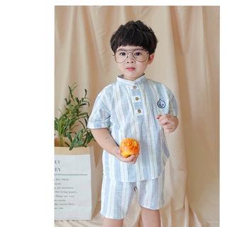 Set áo quần trẻ em linen sọc túi style Hàn bé trai