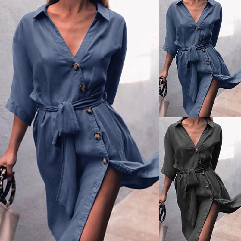 Đầm Sơ Mi Midi Cổ Chữ V Tay Lửng Dáng Rộng Phối Thắt Lưng Thời Trang Dành Cho Nữ