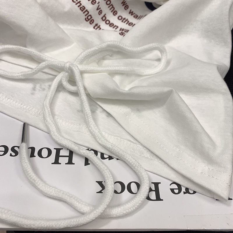 Áo Thun Tay Ngắn Dáng Rộng Phối Dây Rút In Chữ Thời Trang Mùa Hè Cho Nữ