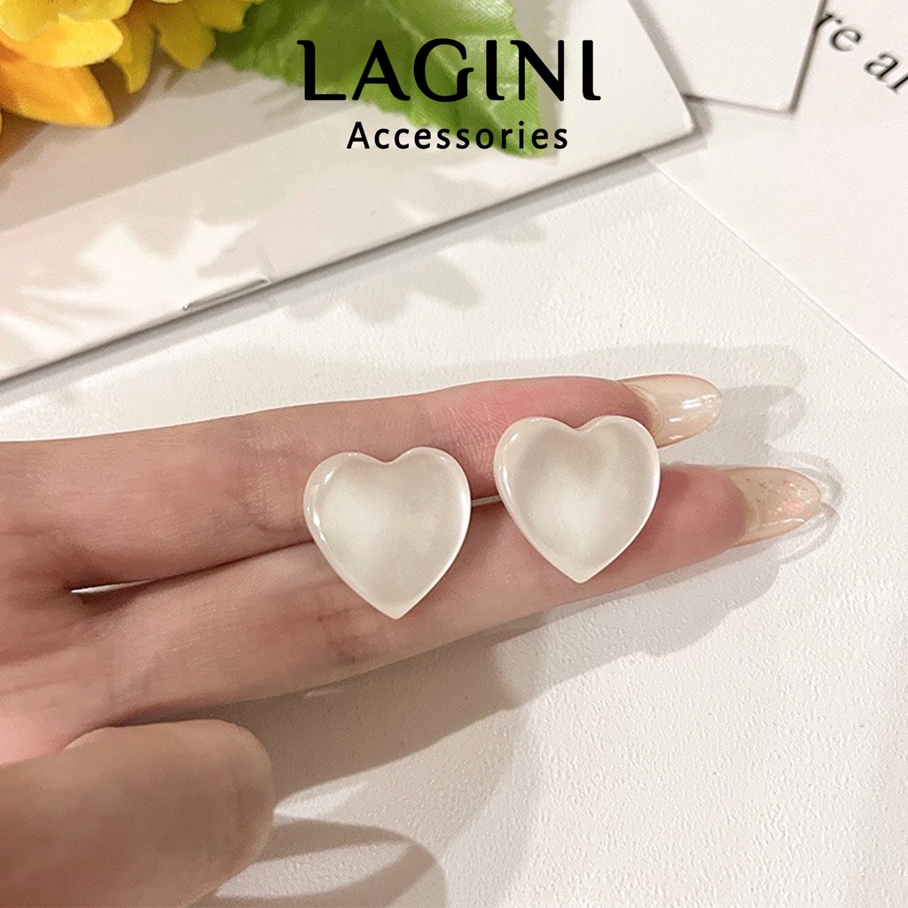 Bông tai khuyên chuôi bạc 925 Lagini hình trái tim ngọc chai nhân tạo nữ tính sang chảnh phong cách hàn quốc dành cho nữ