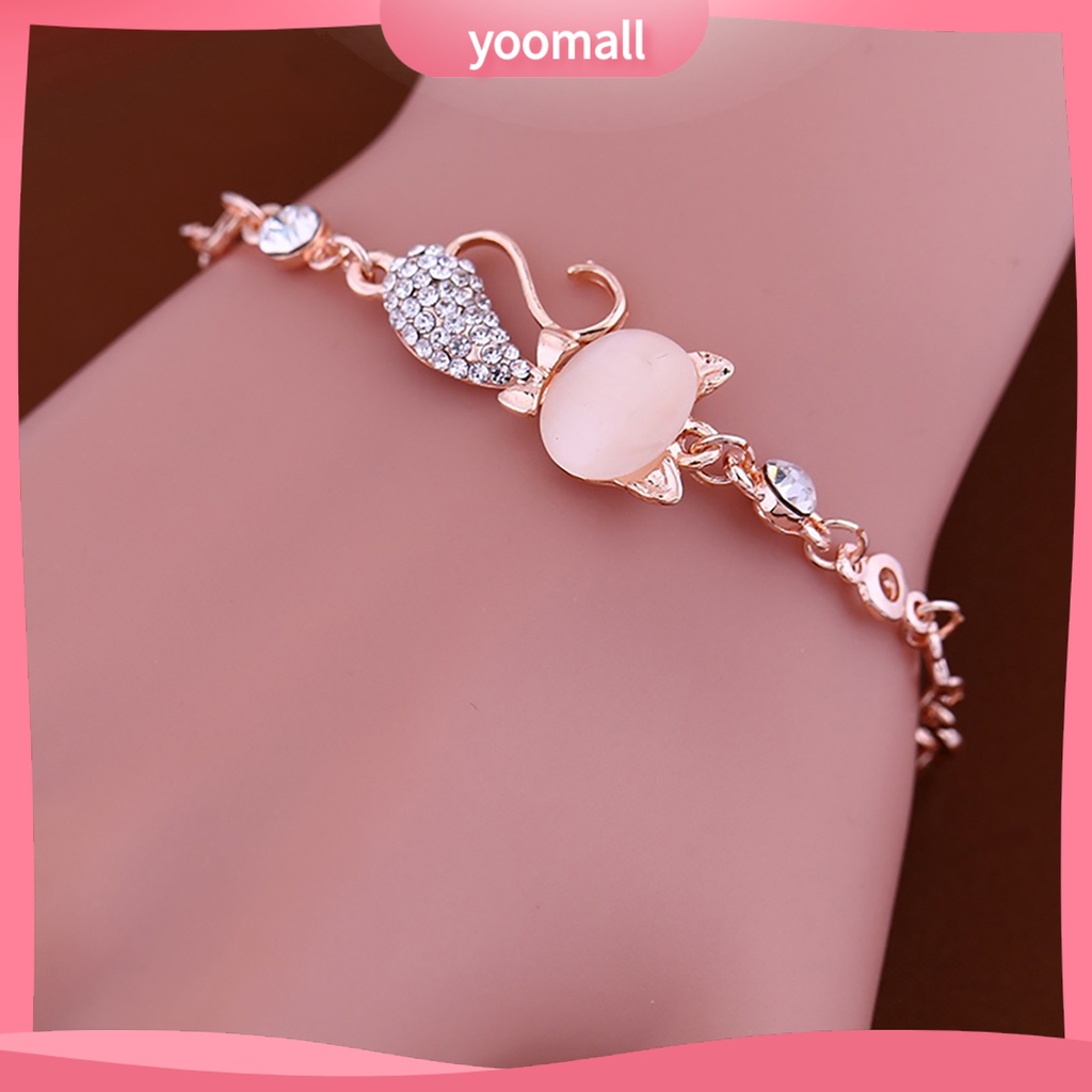 Vòng Tay Nữ Mặt Hình Mèo Đính Đá Opal Dễ Thương