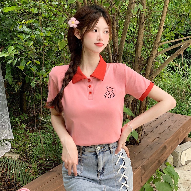 Áo kiểu SUXI cổ polo họa tiết đơn giản thời trang mùa hè dành cho nữ