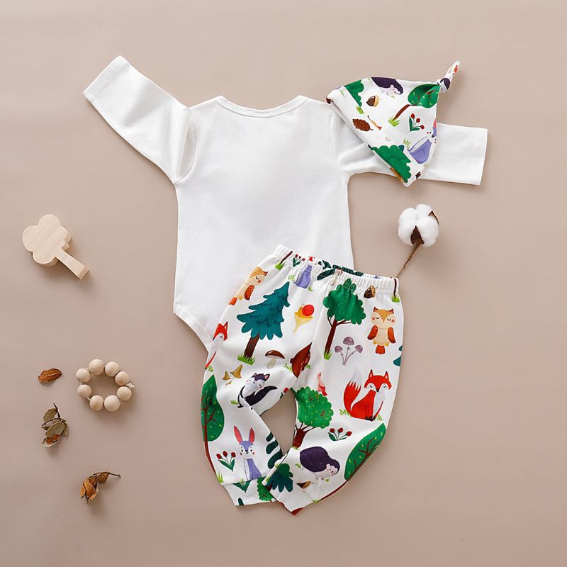 Mary☆3pcs Casual Baby Outfits Romper Tops+Cartoon Animals Pants+Hat Clothing 0-18M