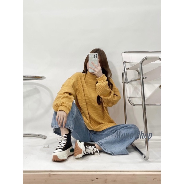 Áo nỉ kẻ cổ cao - Áo nỉ tay bồng Quảng Châu dày dặn style Ullzang xinh xắn