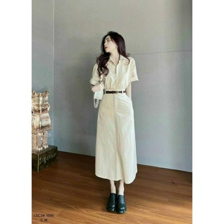 Đầm kaki kiểu dáng sơ mi phối nút tay ngắn 2 màu basic kèm thắt lưng eo tôn dáng siêu xinh