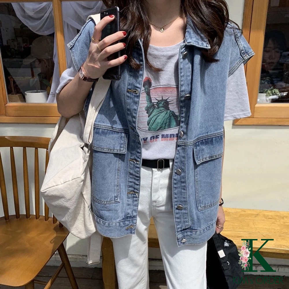 Áo khoác jean nữ màu xanh dáng rộng kiểu dáng denim jacket sát nách phong cách Ulzzang, đi học đi chơi dạo phố du lịch