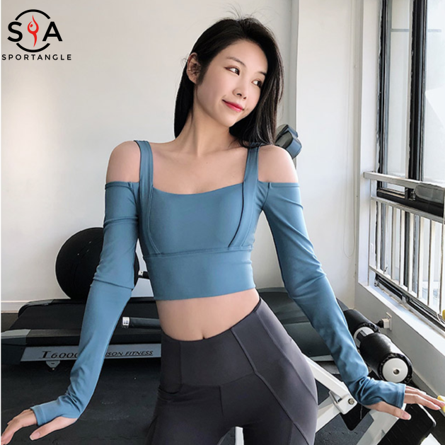 Áo ngắn SPORTSANGEL dài tay ôm dáng trễ vai gợi cảm cho nữ