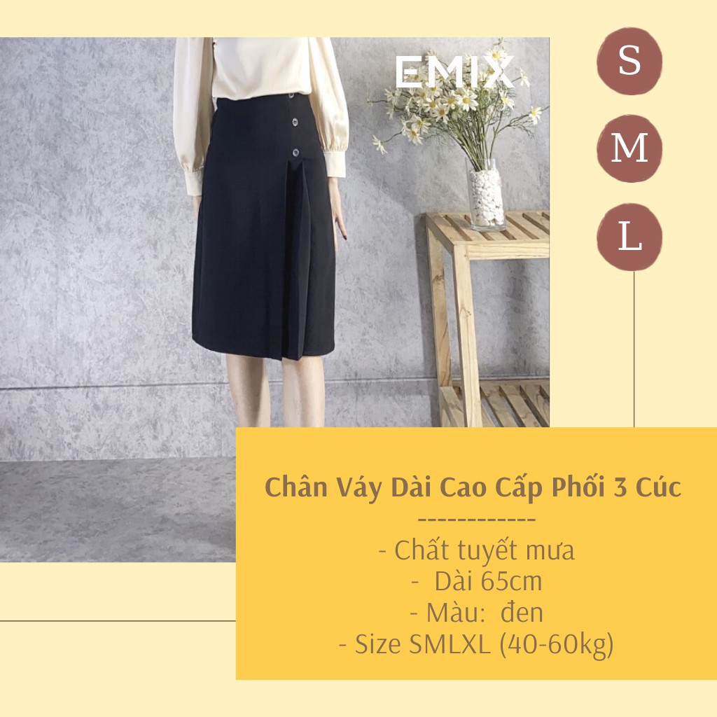 Chân váy công sở xòe phối cúc EMIX (màu đen), dài 65cm, cạp cao, có khóa kéo, xếp ly, vải tuyết mưa mềm mịn không nhàu | BigBuy360 - bigbuy360.vn