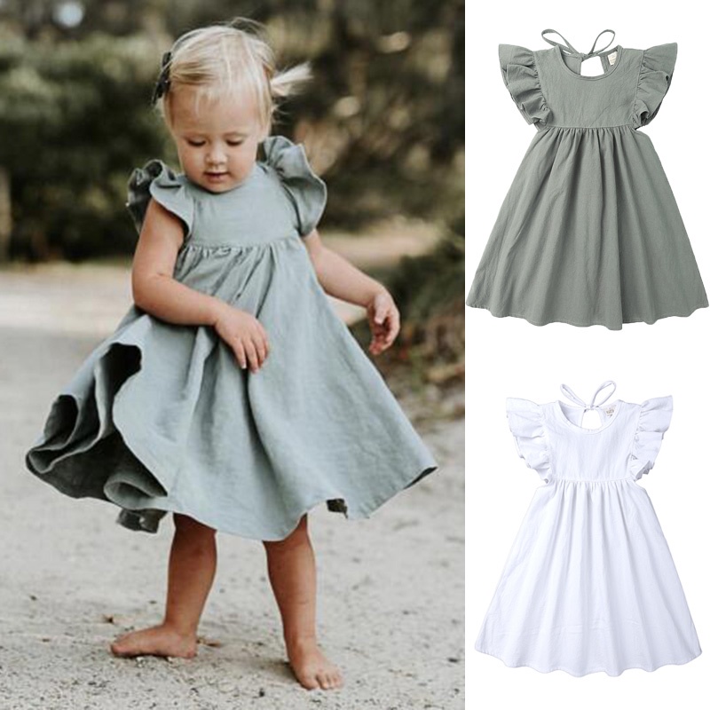 Mùa Hè Essentials Trẻ Em Bé Gái Đầm Trơn Bé Gái Đầm Bay Ruffle Dây Không Tay Trẻ Em CasualSleeve Ngọ