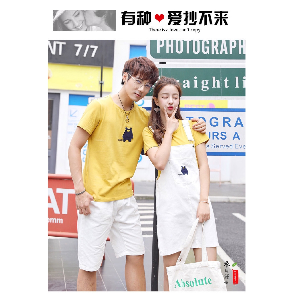 Set Áo Thun Tay Ngắn In Hoạt Hình Phối Đầm Yếm Kiểu Hàn Quốc Thời Trang Mùa Hè 2020 Cho Các Cặp Đôi