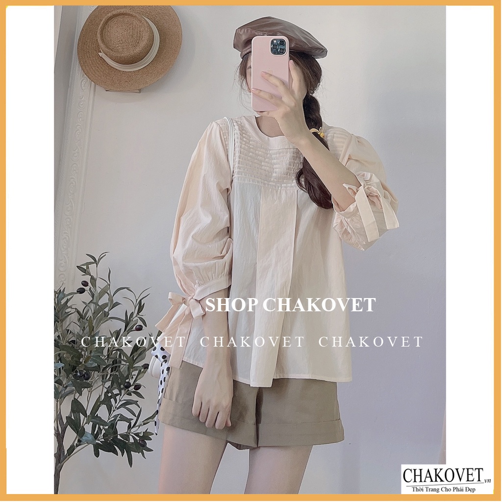Áo sơ mi nữ tay lỡ trắng be CKA874, kiểu áo nữ thiết kế tay phồng thắt nơ cổ tròn xếp ly thời trang hàn quốc sang trọng | BigBuy360 - bigbuy360.vn