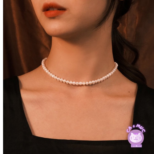 Vòng cổ choker xỏ hạt ngọc trai giả thời trang