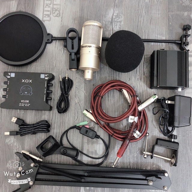 Combo mic thu âm Takstar PC K200 và Sound card ks108 nguồn 48v chân kẹp màng lọc dây livestream ma2