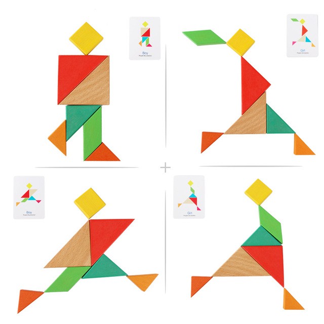 Đồ chơi Ghép Hình Tangram rèn kỹ năng Tư Duy logic cho bé ( 50 thẻ in hai mặt với 100 bài toán +7 miếng ghép)