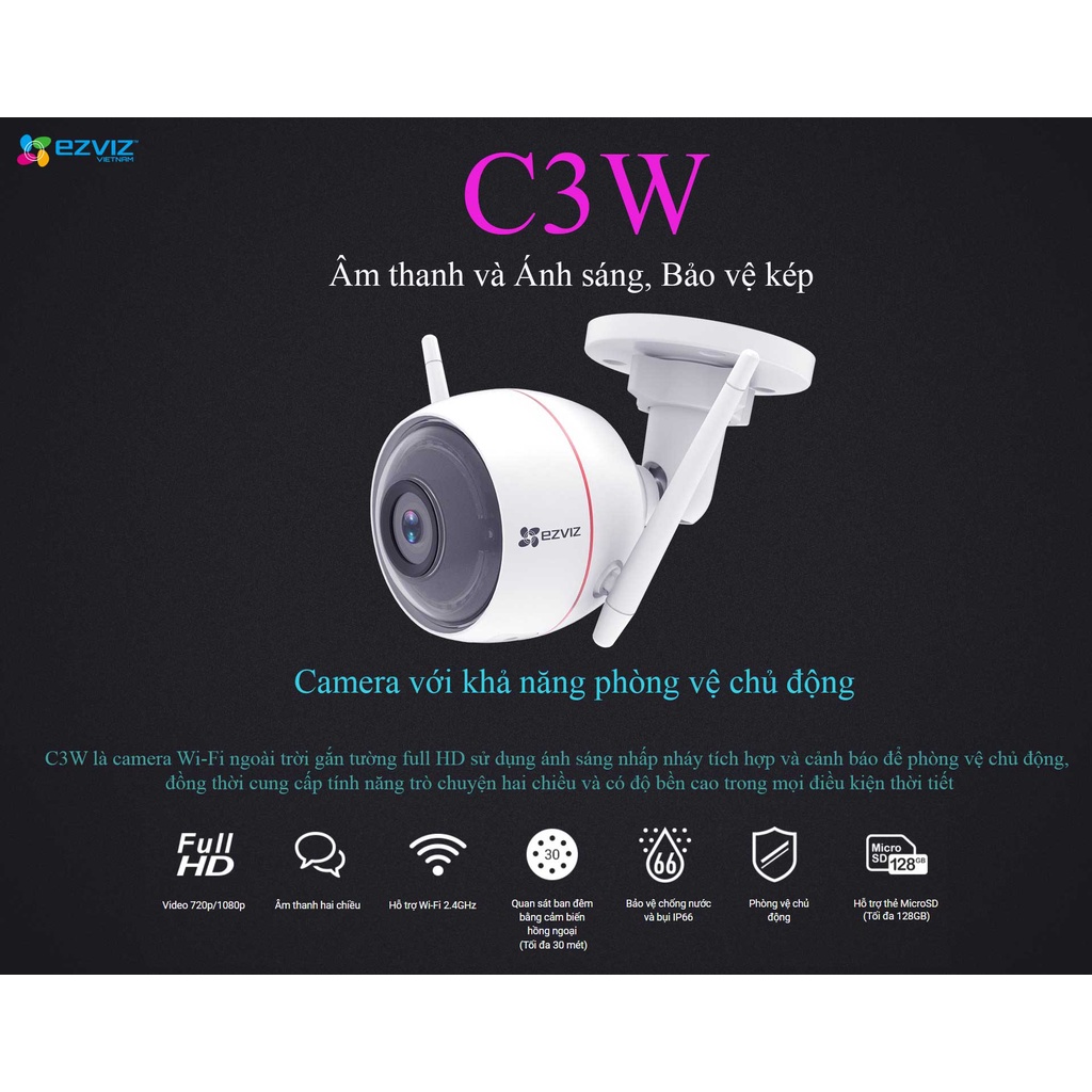 Camera Wifi AI Ezviz 2.0M, 4.0M ngoài trời C3W, C3N Mẫu mới 2021 chuẩn H265, có màu ban đêm, Hàng chính hãng