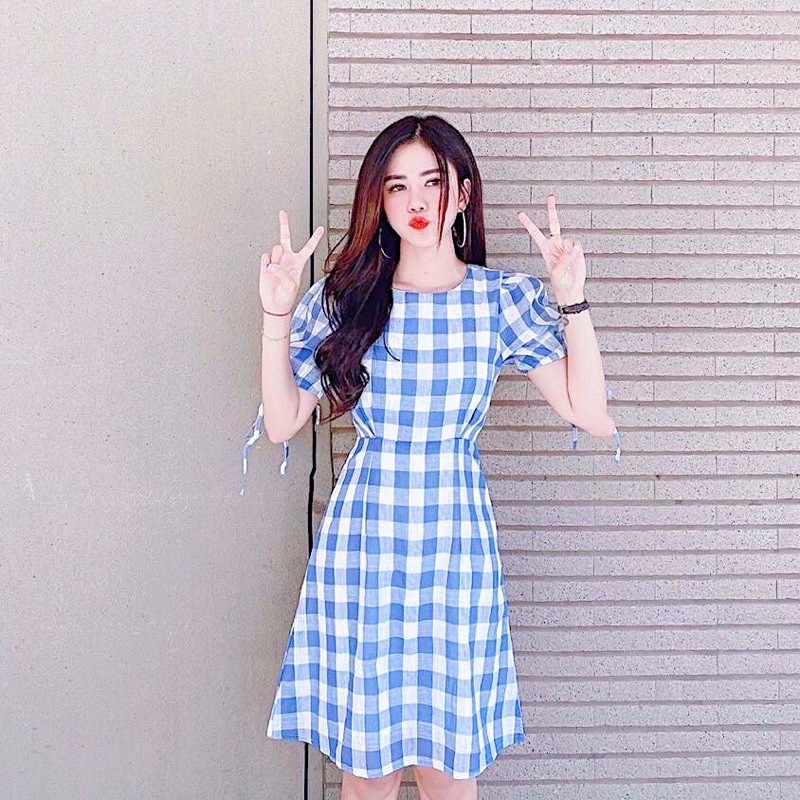 Đầm váy caro xanh tay bo