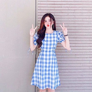 Đầm váy caro xanh tay bo (kèm hình thật)