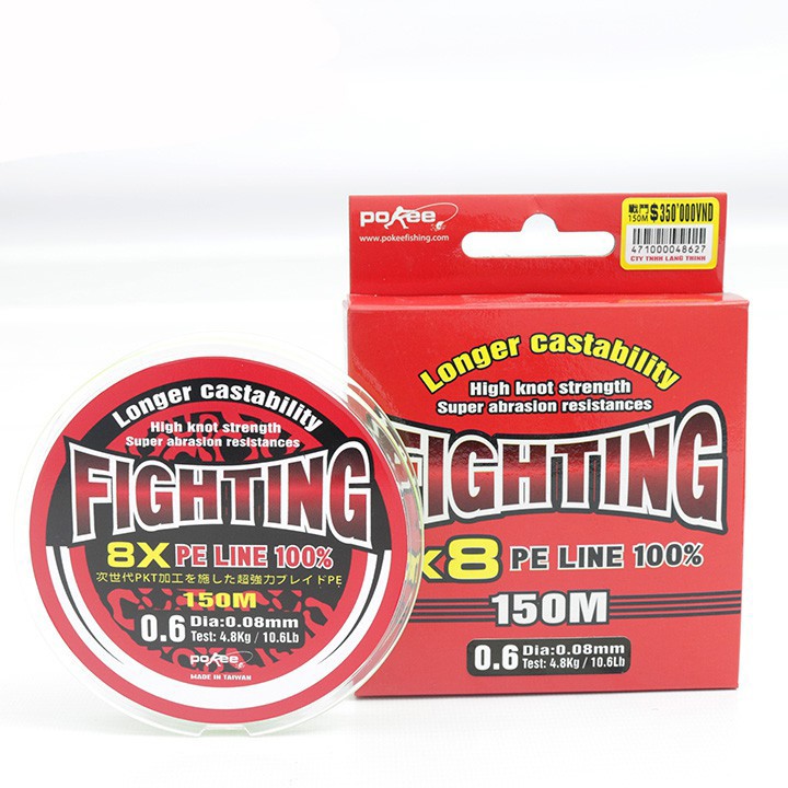 Dây dù PE câu đài Pokee Fighting X8 150m, siêu mịn công nghệ Đài Loan, Dây PE chìm câu lục, câu lure cá lóc, cá tráp,..