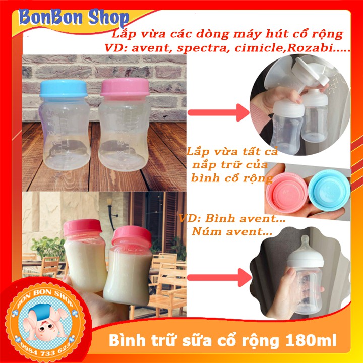 [DÀY CỨNG CHỊU NHIỆT CAO] Bình Trữ Sữa, Đựng Sữa Cổ Rộng Cho Bé 180ml, Lắp Vừa Dòng Máy Hút Avent,Rozabi,Spectra,Cimicle