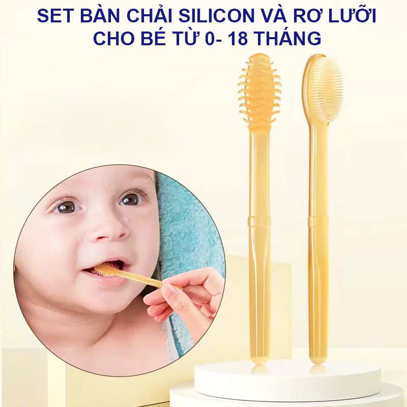 ⚡ Set bàn chải đánh răng và rơ lưỡi silicon siêu mềm cho bé 0-18 tháng tuổi