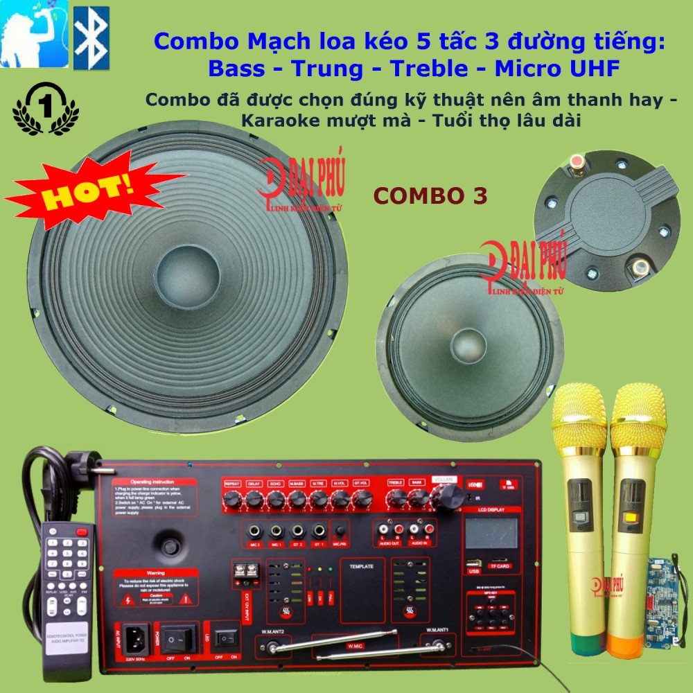 Combo Bộ Mạch loa kéo công suất lớn 5 tấc 3 đường tiếng Bass Trung Treble