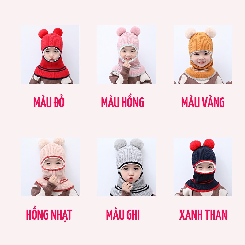 Mũ len cho bé trai gái mùa đông hai quả bông trùm đầu dễ thương giá rẻ đẹp kèm khăn hàng hiệu giữ ấm - ML1A