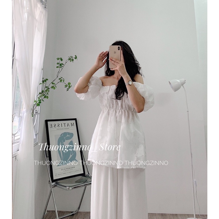 [Ảnh thật/Video]Áo Trễ Vai Laika In Hoa Dập Nổi Áo Ống Chiết Eo Hàng Quảng Châu Siêu Đẹp