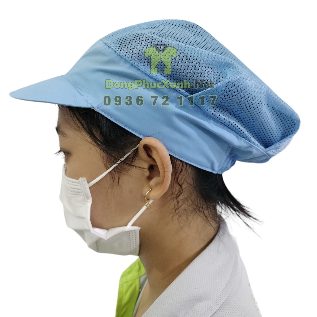 Nón vải lưới trùm tóc Mũ bảo hộ công nhân thực phẩm thủy sản màu trắng - xanh