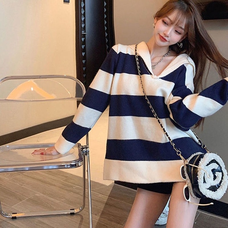 Áo len dệt kim cổ thủy thủ kẻ sọc phong cách Retro thu đông kiểu Pháp mới cho nữ