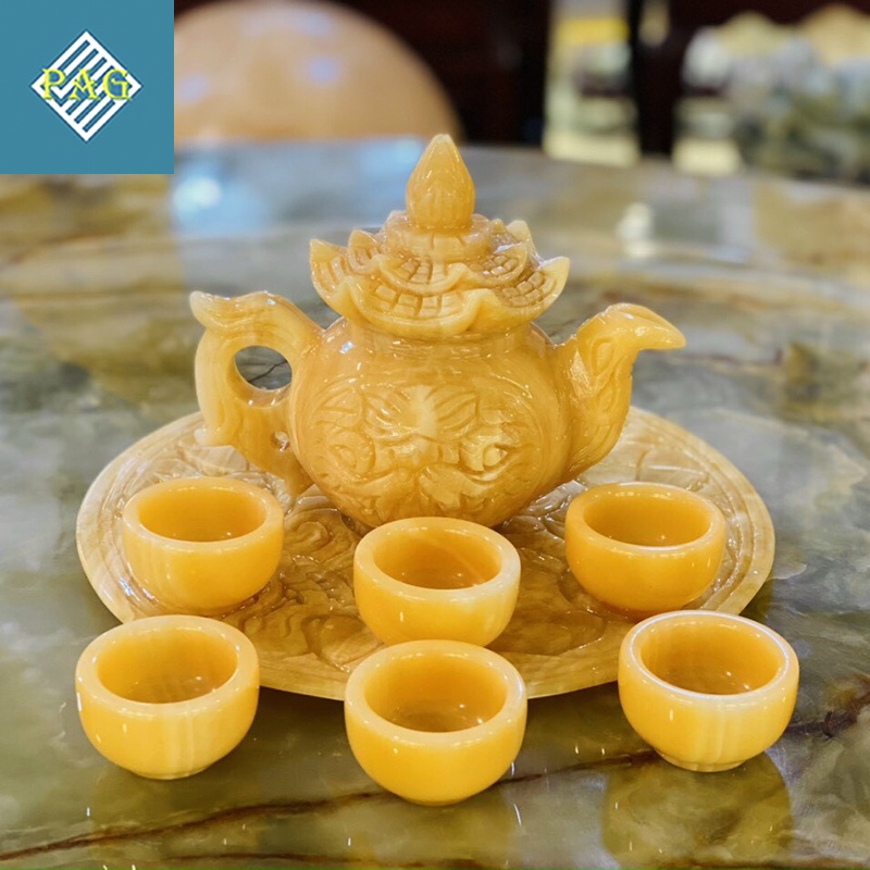Bộ Ấm Chén Uống Trà Chạm Khắc Rồng Cao Cấp Chế Tác Từ ĐáTự Nhiên Ngọc Hoàng Long