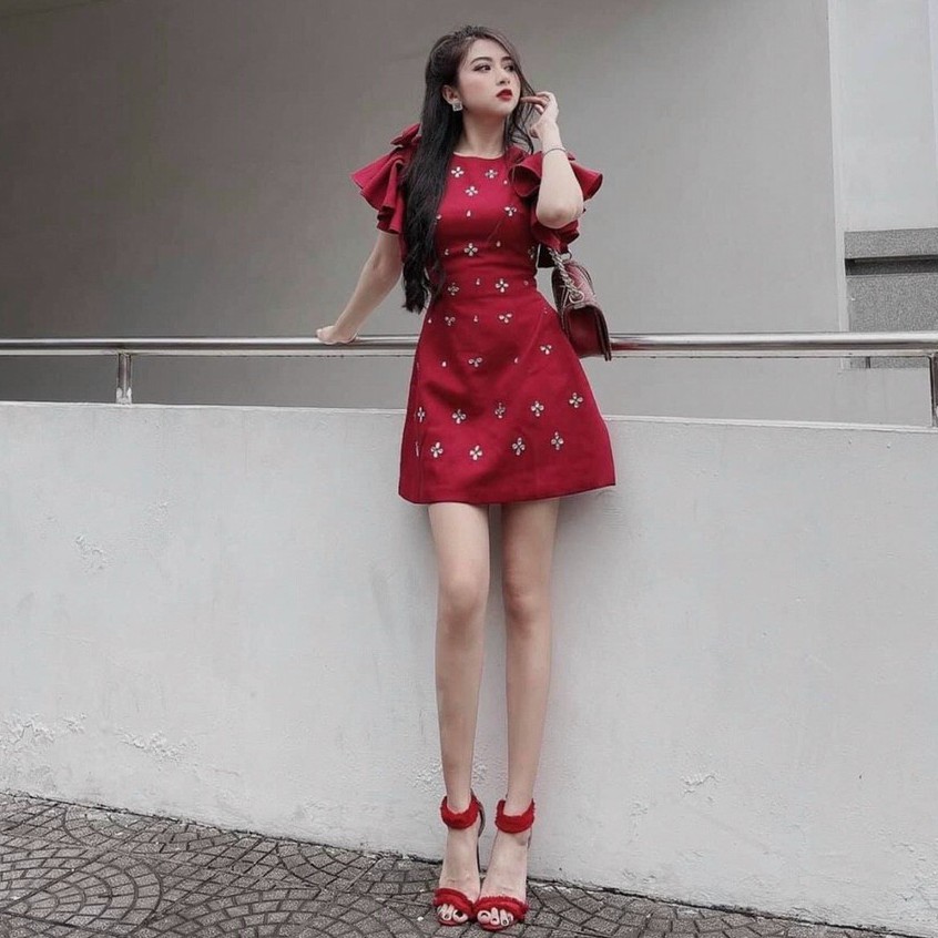 Đầm Dáng Xòe ❤️FREESHIP❤️ Cổ Tròn Tay Ngắn Đính Hạt Nơ Vai