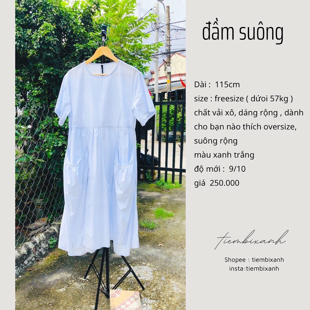 2hand đầm xô trắng xanh bị dơ xíu đuôi váy D619 tiem bixanh