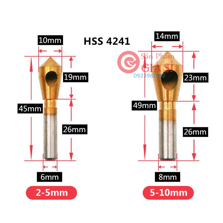 BỘ 4 MŨI DOA LỖ KIM LOẠI HSS 4241 ĐẦU NÓN LỖ PHAY XIÊN PHỦ TITANIUM ❤️freeship❤️