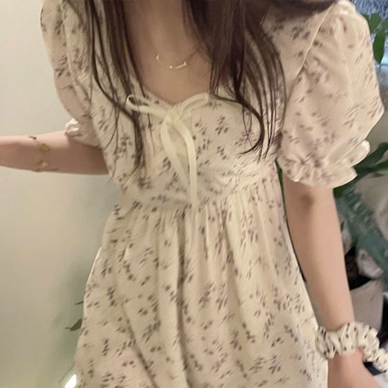 Đầm Xin LAN YA SHE voan tay phồng họa tiết hoa phong cách Pháp váy thiết kế tay bồng