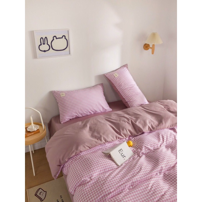 Set chăn ga cotton tici phối kẻ caro