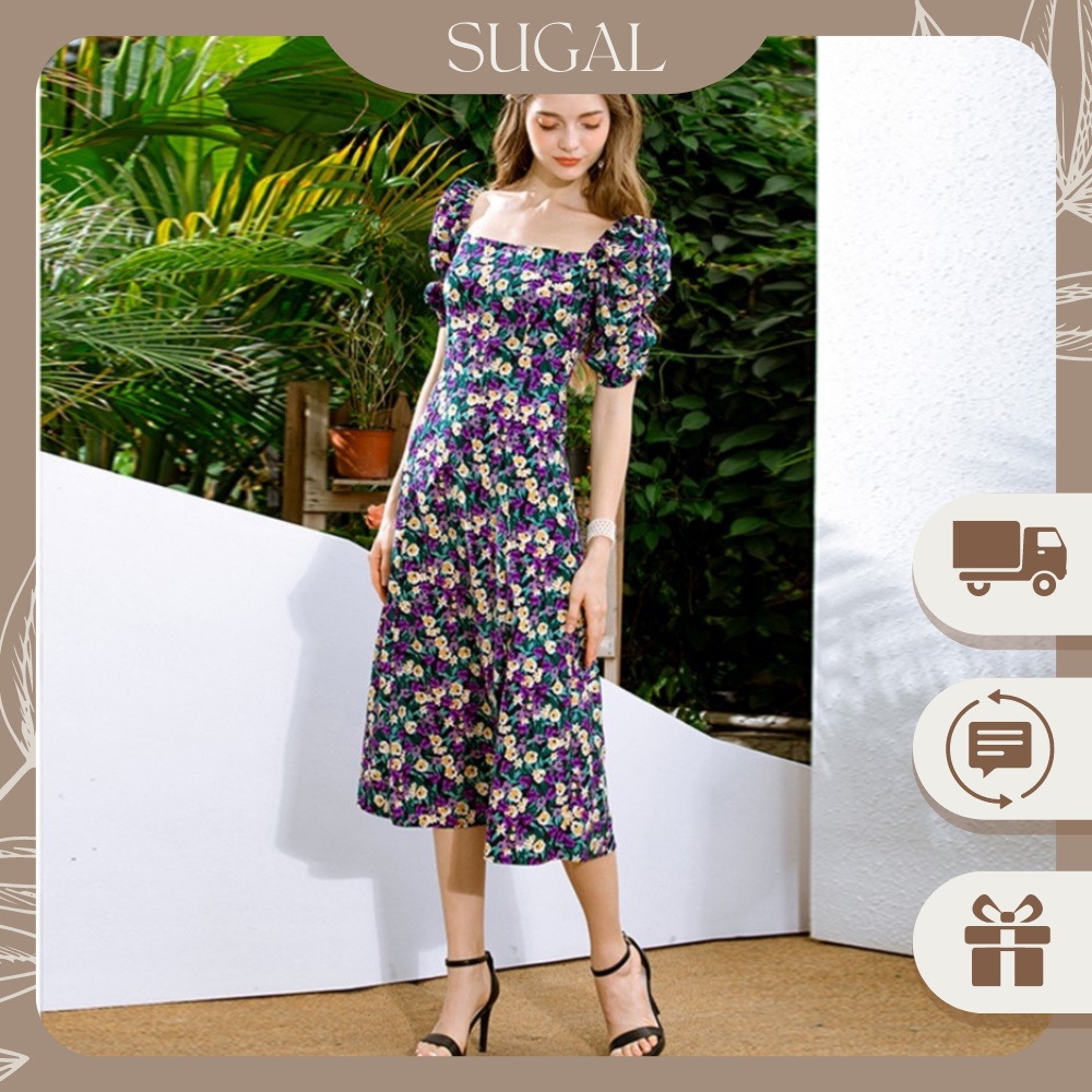 [Kèm Video SP] Váy Nữ Cao Cấp Hoa Nhí Cổ Vuông Tay Bồng Sẻ Đùi Kiểu Dáng Hiện Đại Thời Trang Sugal VAY NU 0026V3