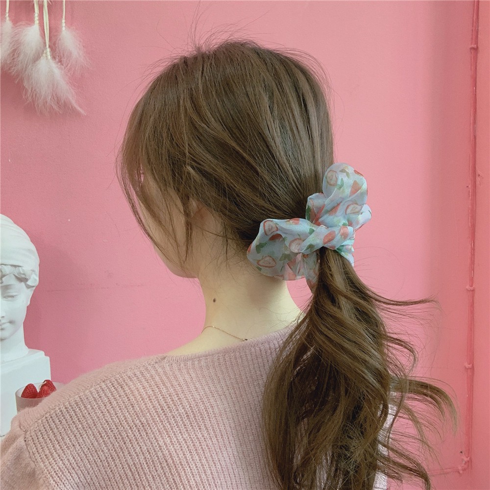 Scrunchies Cột Tóc Voan Kính Họa Tiết Trái Dâu Cute