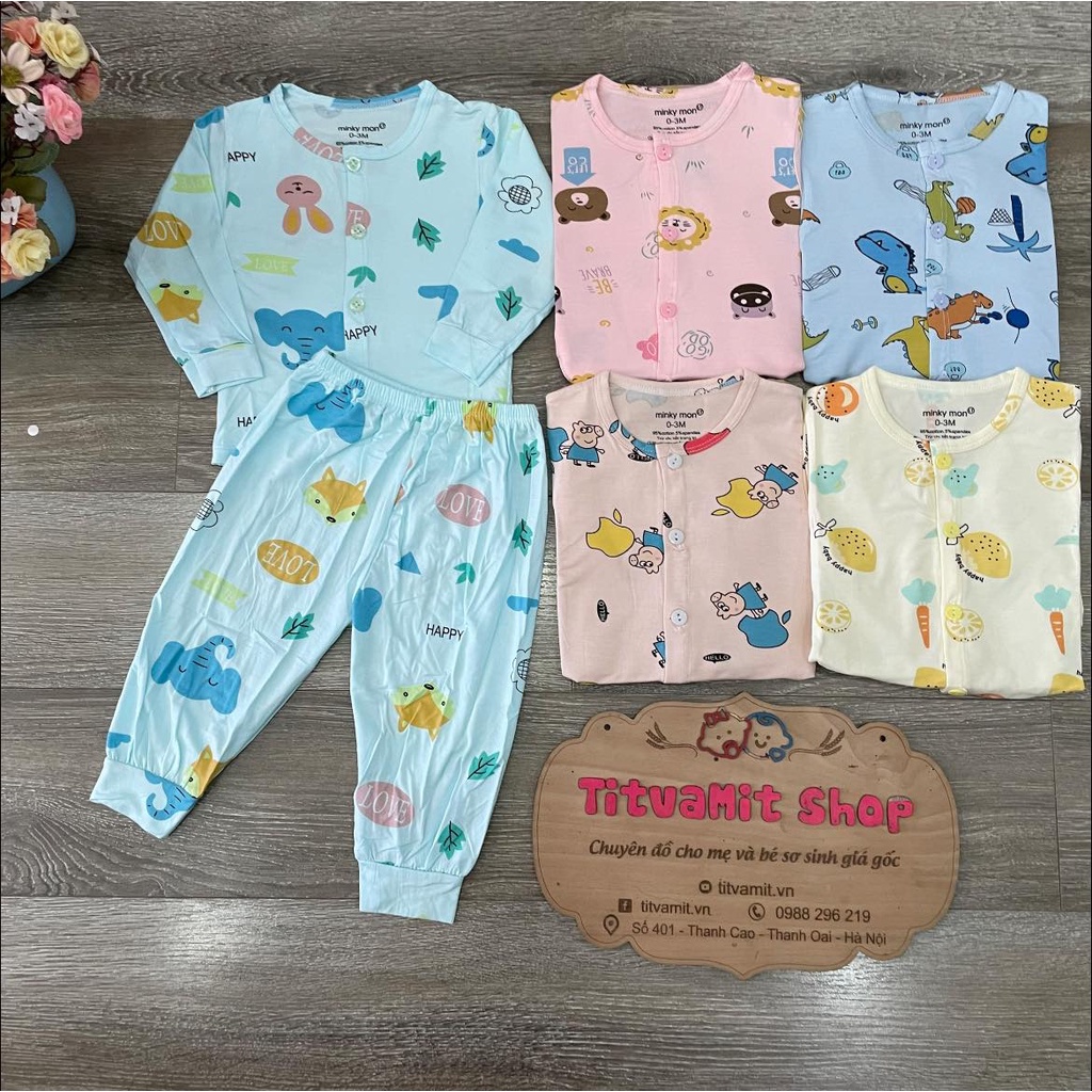 Bộ dài minky mom peptit cúc giữa họa tiết, bộ dài tay cho bé trai, bé gái